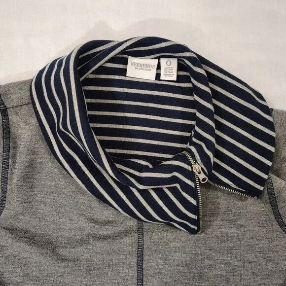 Weekend by Chico's Striped Collar Top Sz 0 (S/M) Cowl Neck Gray Blue Long Sleeve - Picture 7 of 16